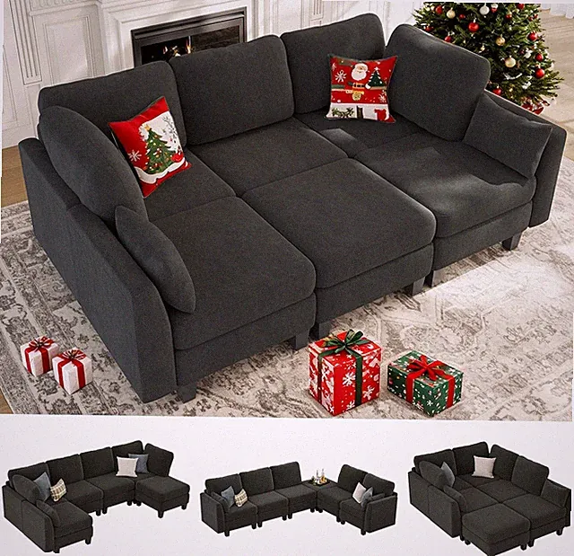 Stylish Modular 6-Seater Sleeper Sofa with Ottomans in Dark Grey