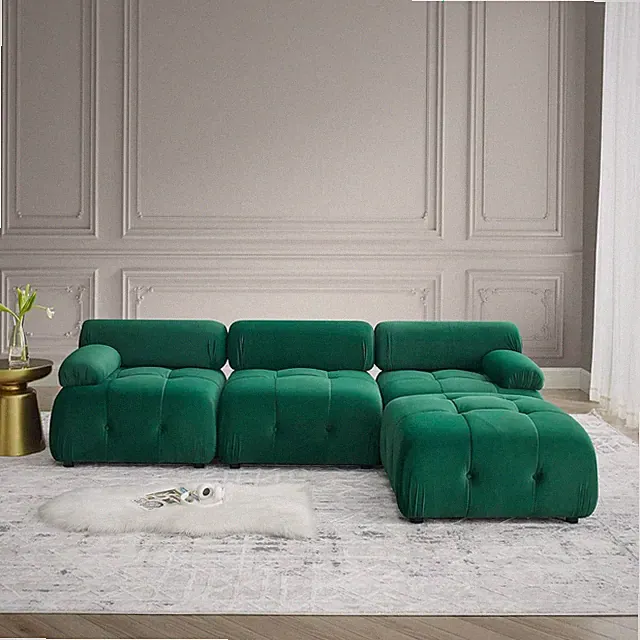 Stylish Modular Velvet Sectional Sofa with Reversible Ottoman - Green L-Shaped