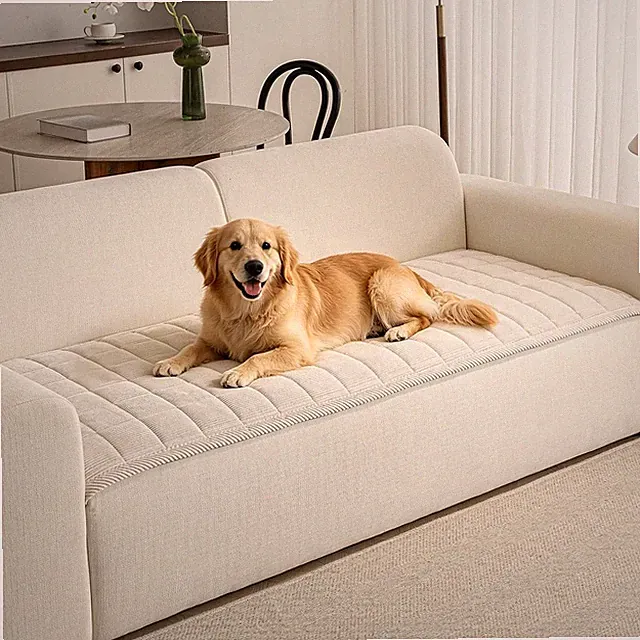 Stylish Non-Slip Dog Couch Cover in Beige/White - Washable & Pet Hair Resistant