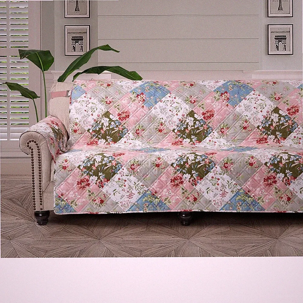 Stylish Patchwork Quilt Cover for Large Sofas - Peach & Olive Floral Design=