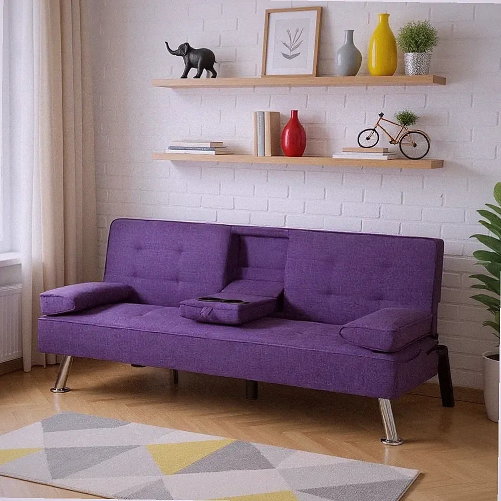 Stylish Purple Double-Sided Sofa Bed with Cupholder & Foldable Design