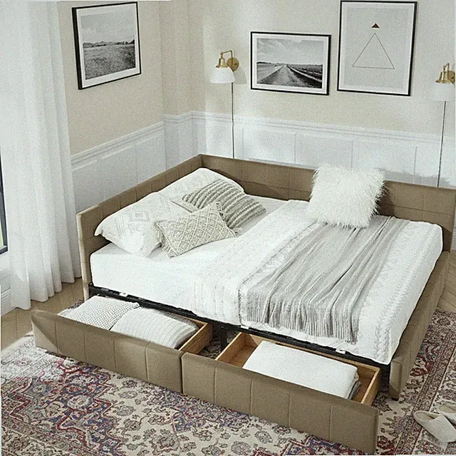 Stylish Queen Velvet Daybed with Storage Drawers & L-Shaped Design
