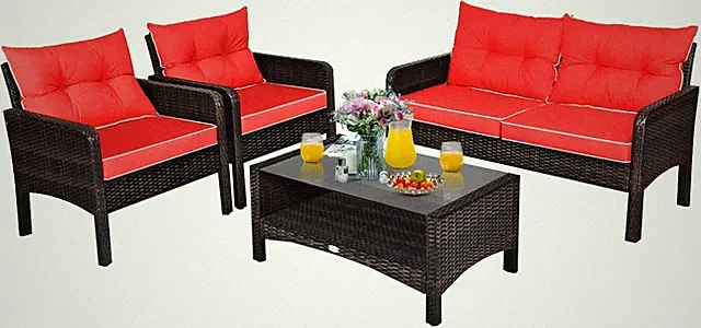 Stylish Red 4-Piece Wicker Patio Furniture Set with Cushions & Coffee Table