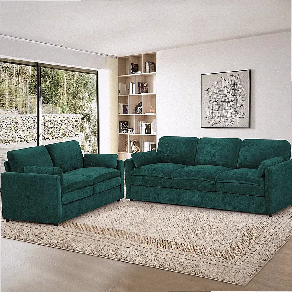 Stylish Teal Chenille Sofa Set - 2-Piece Loveseat & 3-Seater with Pillows