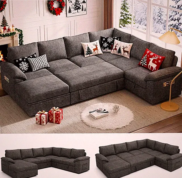 Stylish U-Shaped 108" Sleeper Sofa with Storage - Dark Grey