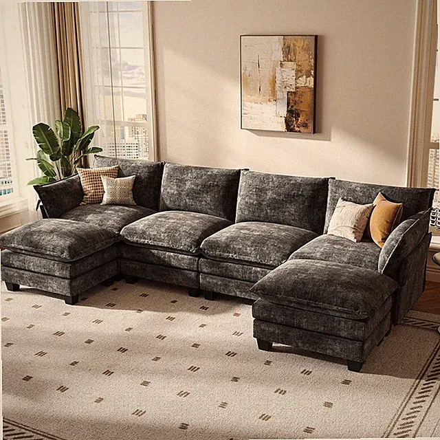 Stylish U-Shaped 120" Grey Chenille Modular Sectional Sofa with Ottoman