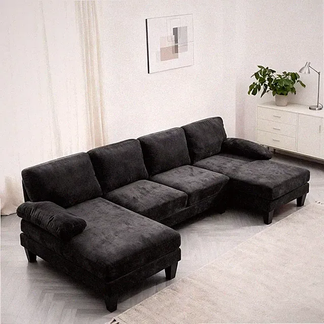Stylish U-Shaped 4-Seat Black Chenille Sectional Sofa with Chaises