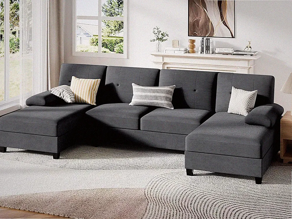 Stylish U-Shaped Black Linen Sectional Sofa with Soft Cushions for 4 Seats