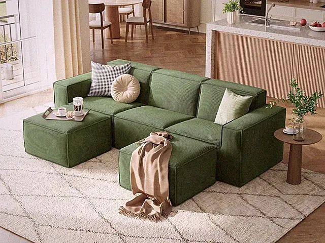 Stylish U-Shaped Green Corduroy Modular Sofa with Ottomans - No Assembly Needed