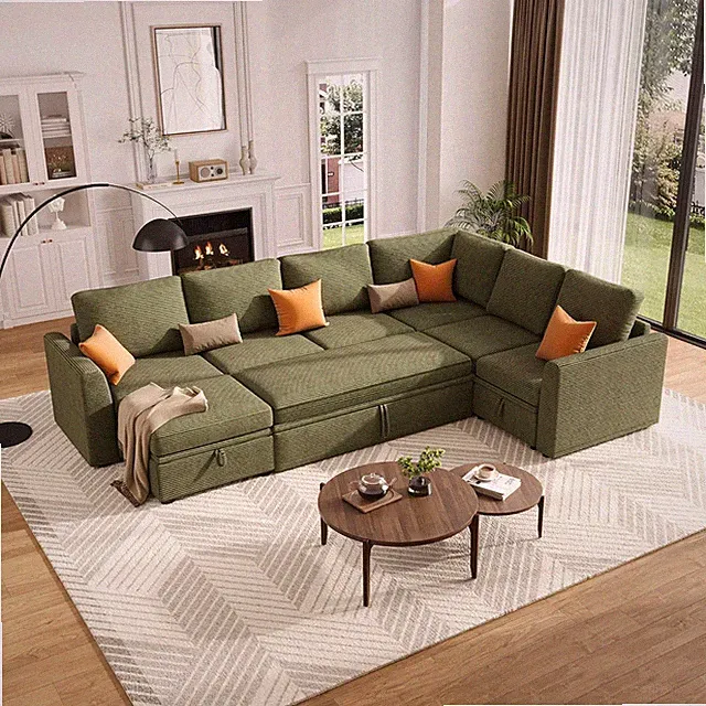 Stylish U-Shaped Sleeper Sofa with Pull-Out Bed & Storage Ottoman