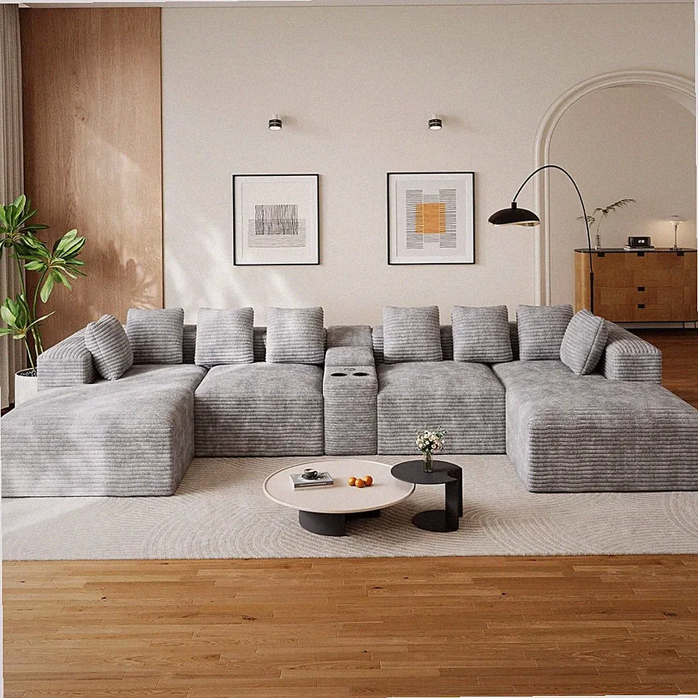 Stylish U-Shaped Sofa with USB, Cup Holders & Storage - Grey Cloud Design