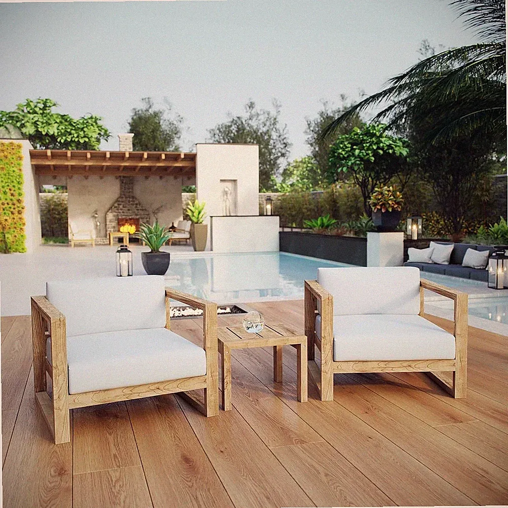 Stylish Upland Teak Wood 3-Piece Outdoor Sectional Sofa Set with Cushions