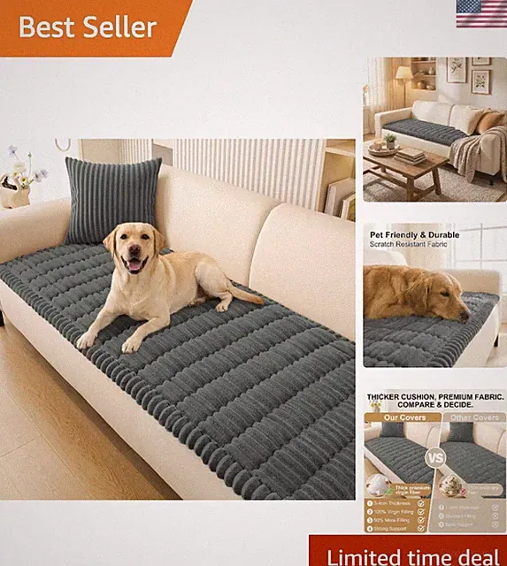 Stylish Washable Dark Grey Couch Cover for Pets - Non-Slip 3-Cushion Protector