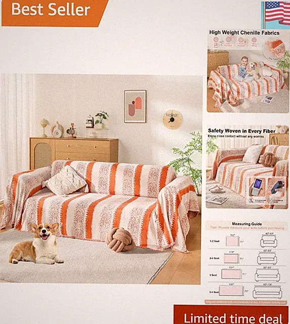 Stylish Washable Pet-Friendly Sofa Cover, Soft Chenille, 3 Cushion, 71" x 150"