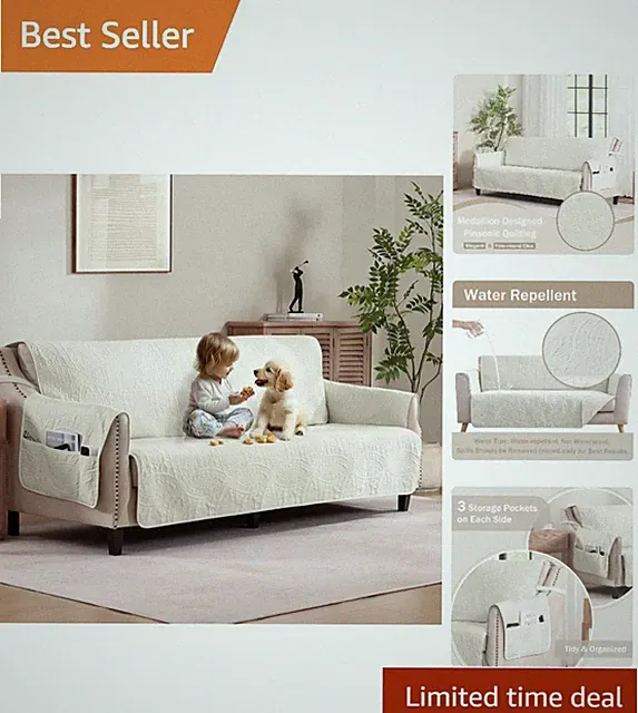 Stylish Water-Repellent Couch Cover - Quilted Design for 3 Cushion Sofa, Ivory