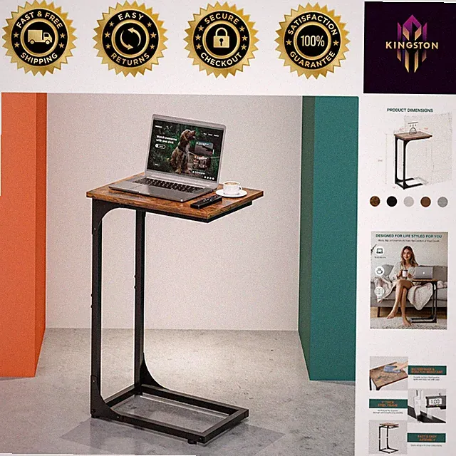 Stylish Waterproof C-Shaped Table - Perfect for Snacks & Laptops, Rustic Brown
