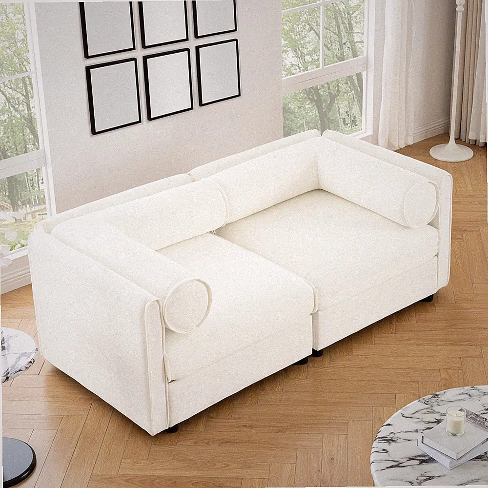 Stylish White Chenille 2-Seater Sofa with Storage Seat, Cylindrical Backrest and