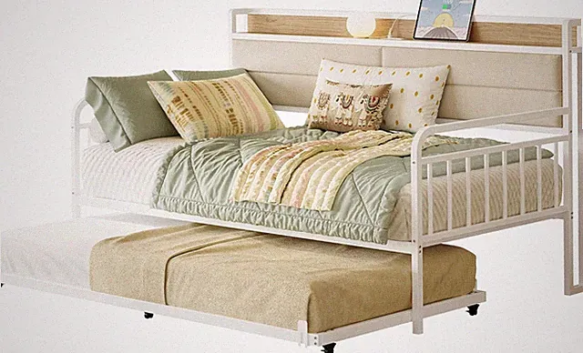 Stylish White Daybed with Trundle, Upholstered Headboard & Charging Station