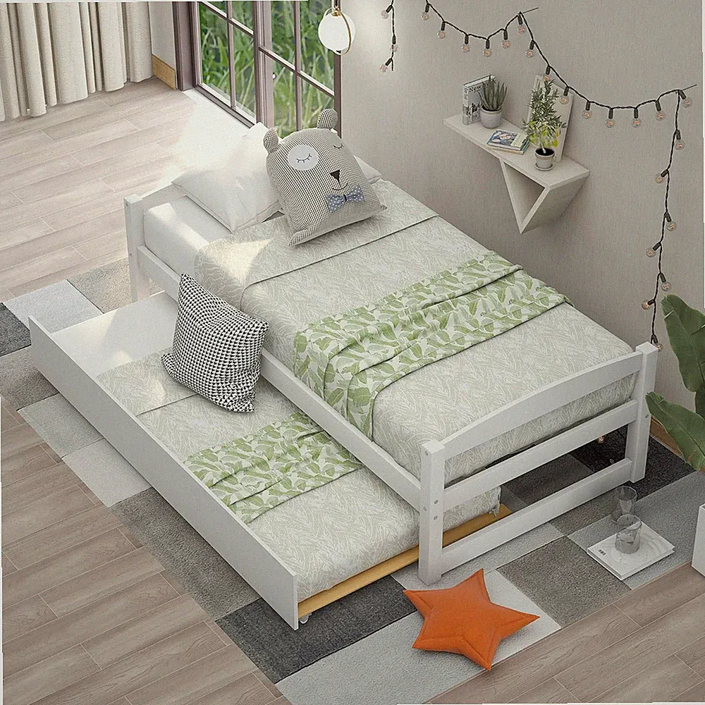Stylish White Wooden Daybed with Trundle - Twin Size Sofa Bed for Any Room