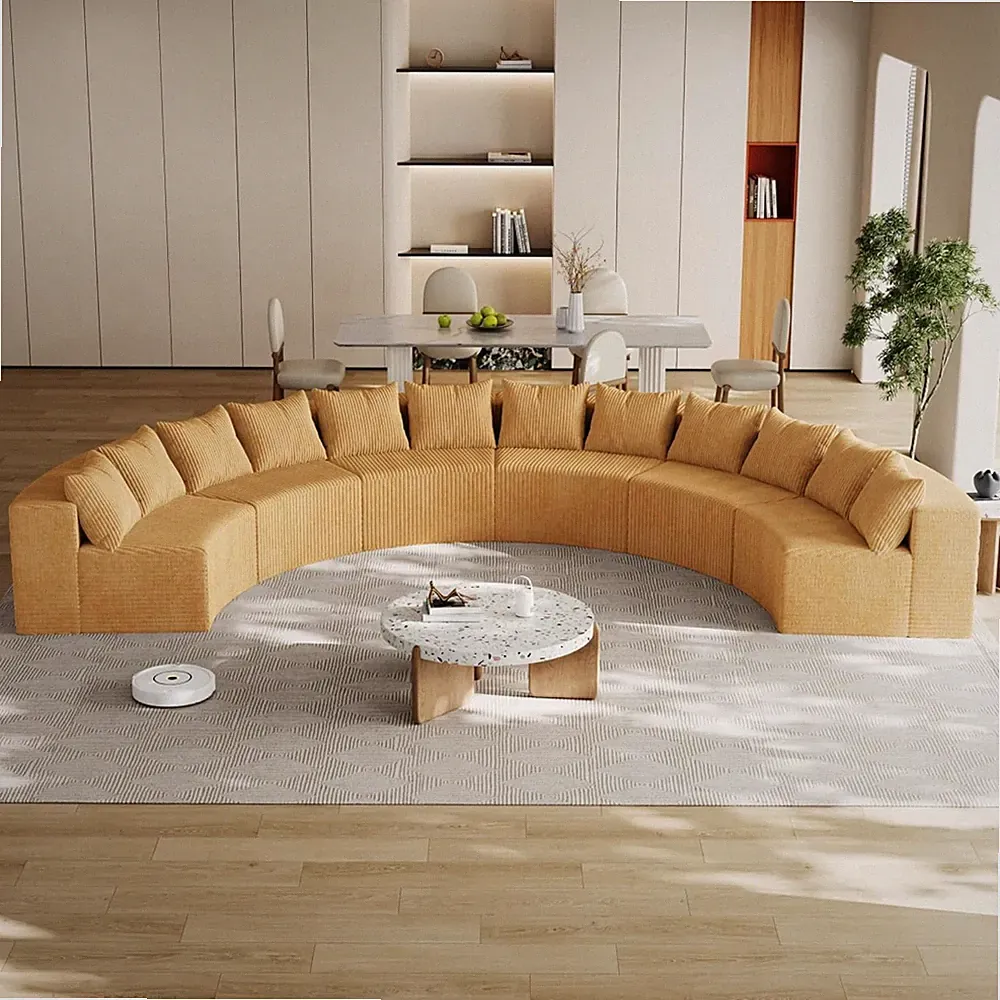 Stylish Yellow 6-Seater Curved Corduroy Sectional Sofa for Living Room