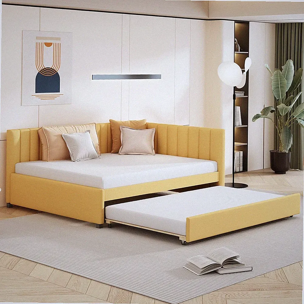 Stylish Yellow Linen Daybed with Trundle - Full Size Sofa Bed Frame