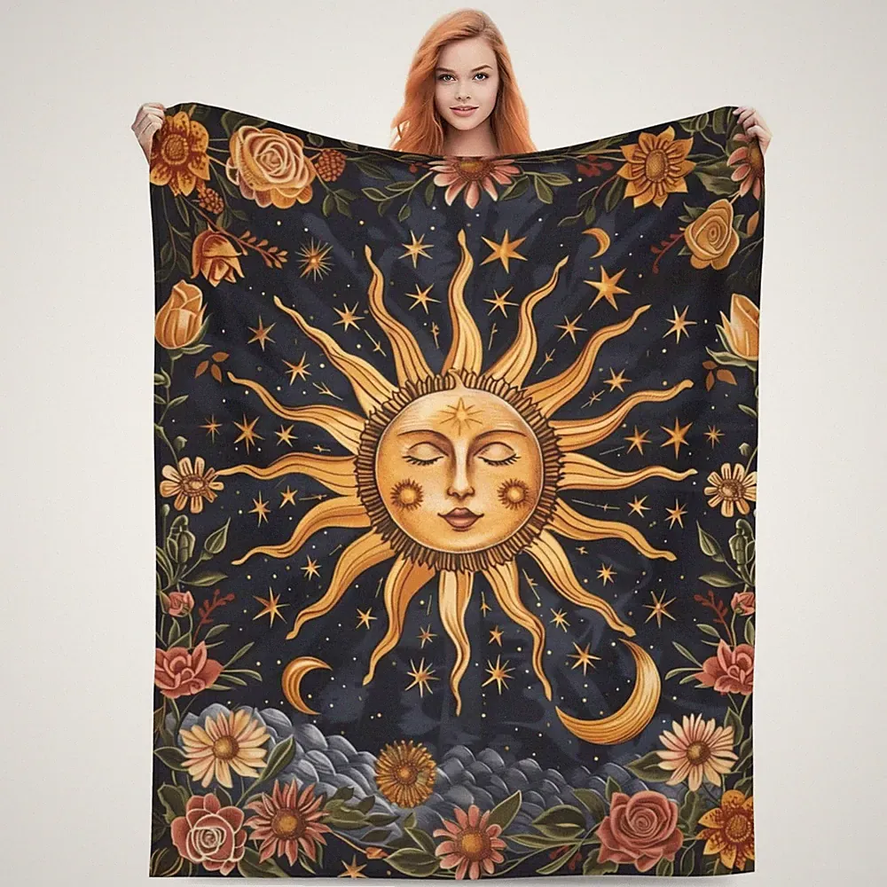 Sun Moon Blanket Celestial Stars Floral Flannel Throw Sofa Bed 50x60 Inch