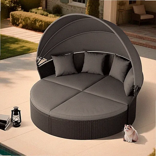 SUNCROWN Outdoor Patio Round Daybed with Retractable Canopy, Wicker Furniture Cl
