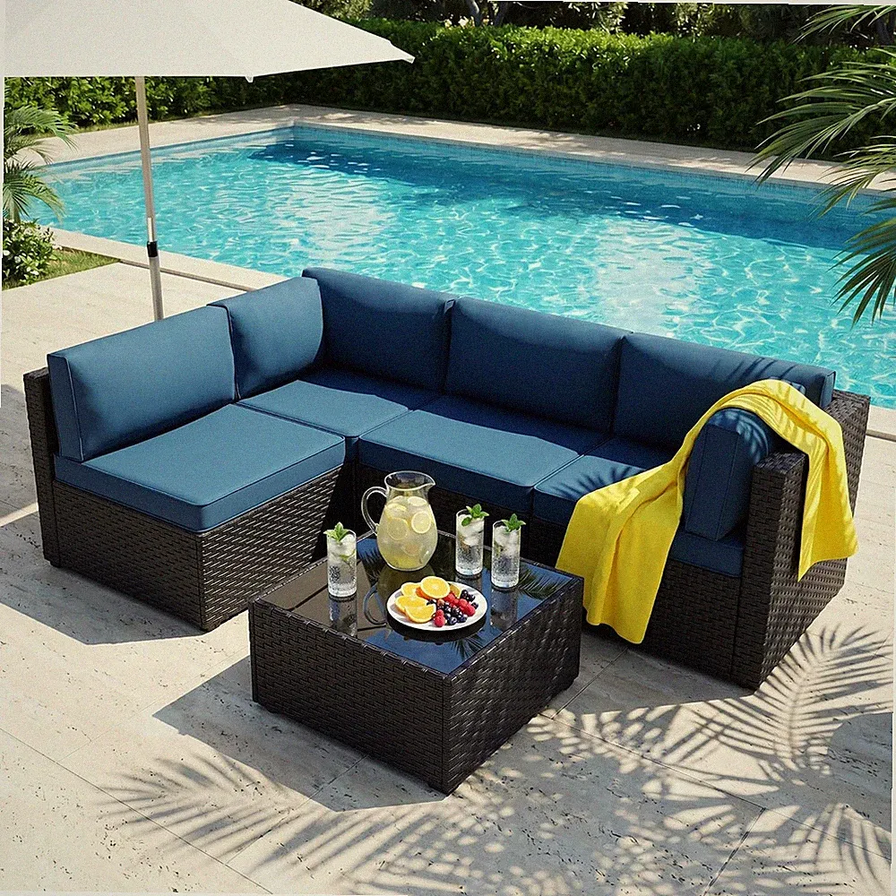 SUNLEI 5 Piece Patio Furniture Set, Outdoor Rattan Sectional Sofa with Coffee Ta