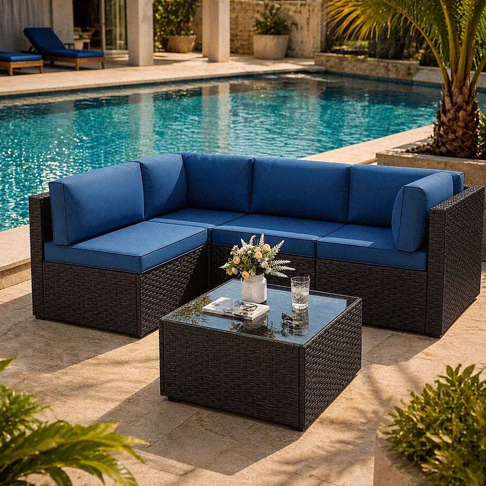 SUNLEI 5 Piece Patio Furniture Set, Outdoor Rattan Sectional Sofa with Coffee Ta