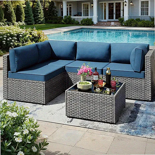 SUNLEI 5 Piece Patio Furniture Sets, Low Back All-Weather Rattan Sectional Sofa