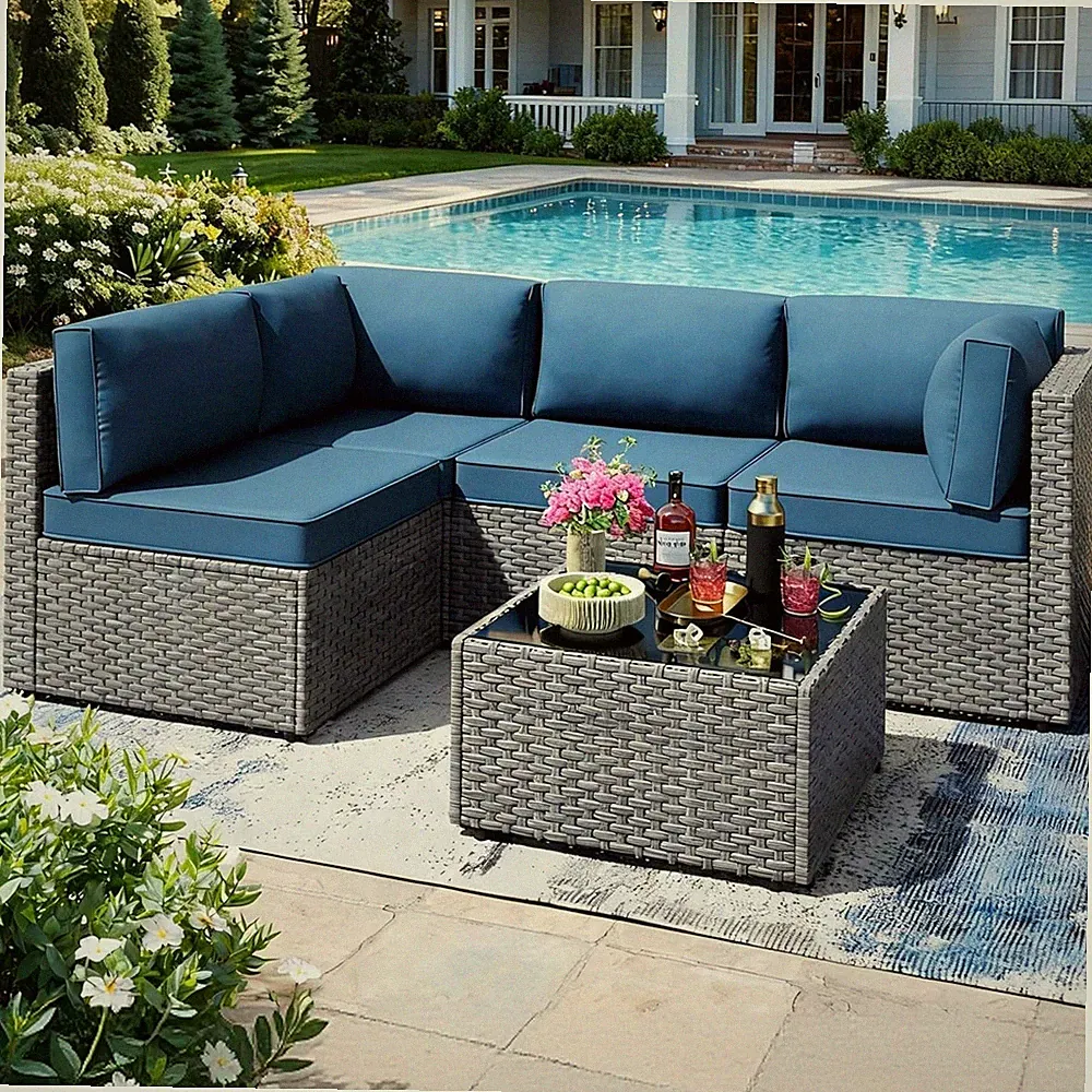 SUNLEI 5 Piece Patio Furniture Sets, Low Back All-Weather Rattan Sectional Sofa