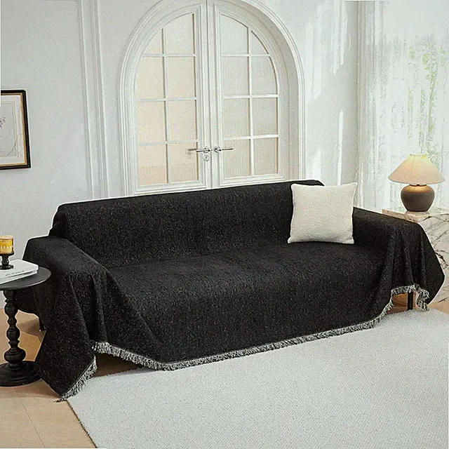 Super Soft Black Chenille Sofa Slipcover for 3 Cushion L Shaped Couch
