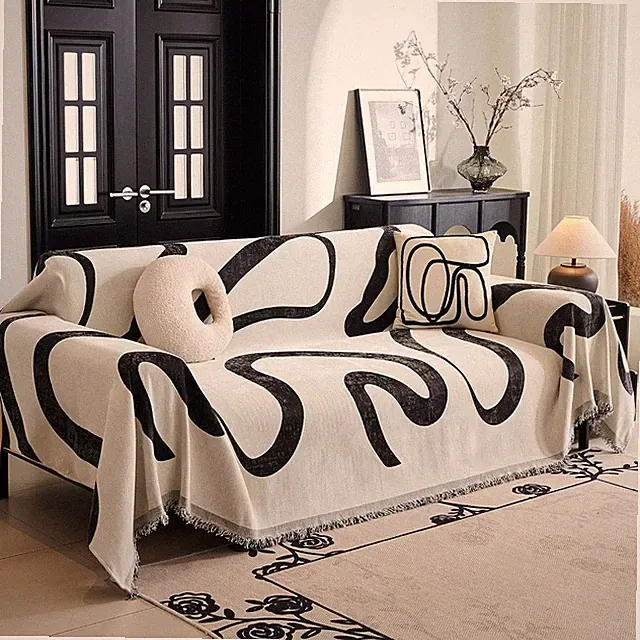Super Soft Boho Couch Cover for 2-3 Cushion Sofa, Black Jacquard Slipcover