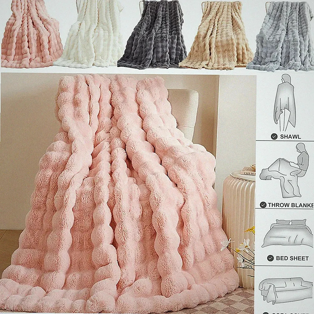 Super Soft Faux Rabbit Fur Throw Blanket Reversible Sofa Bed Throw Over Blanket