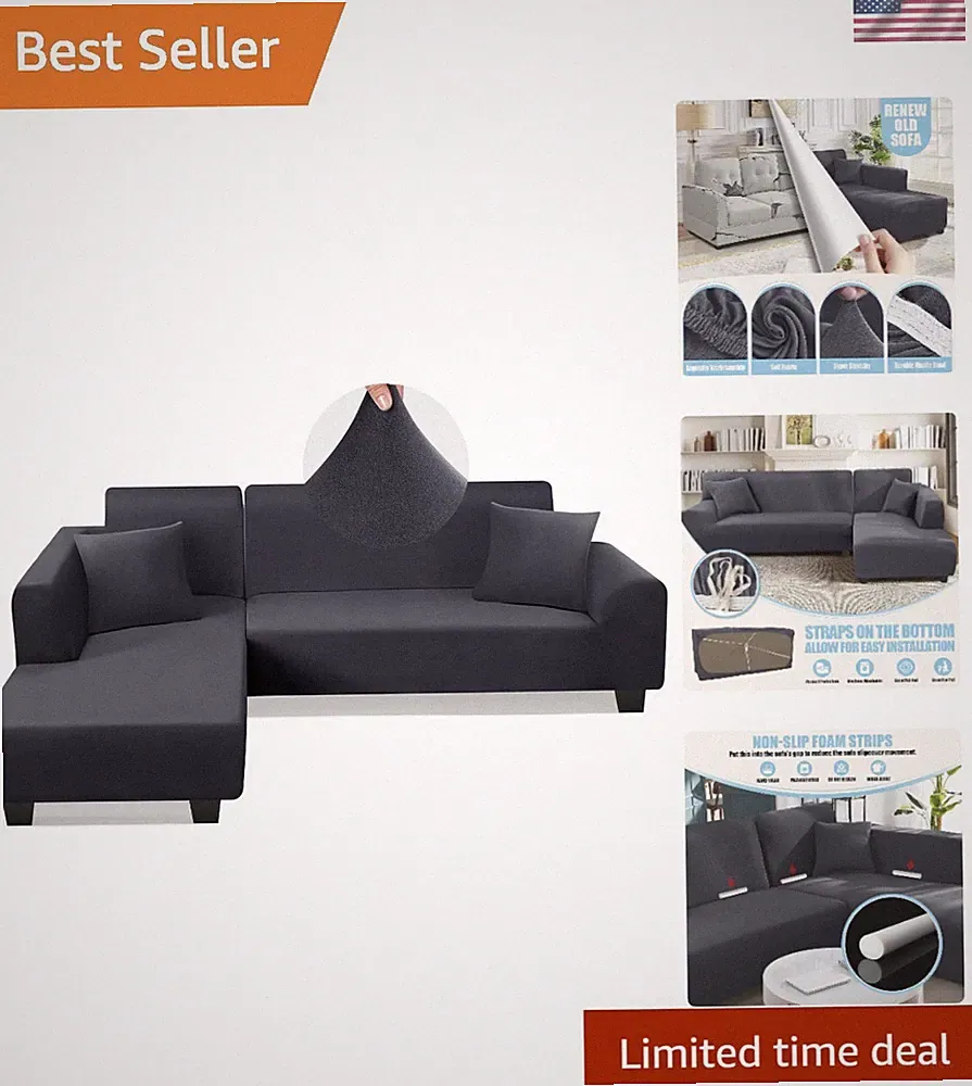 Super Stretch L-Shape Sectional Couch Cover Set with 2 Pillow Covers - Dark Grey
