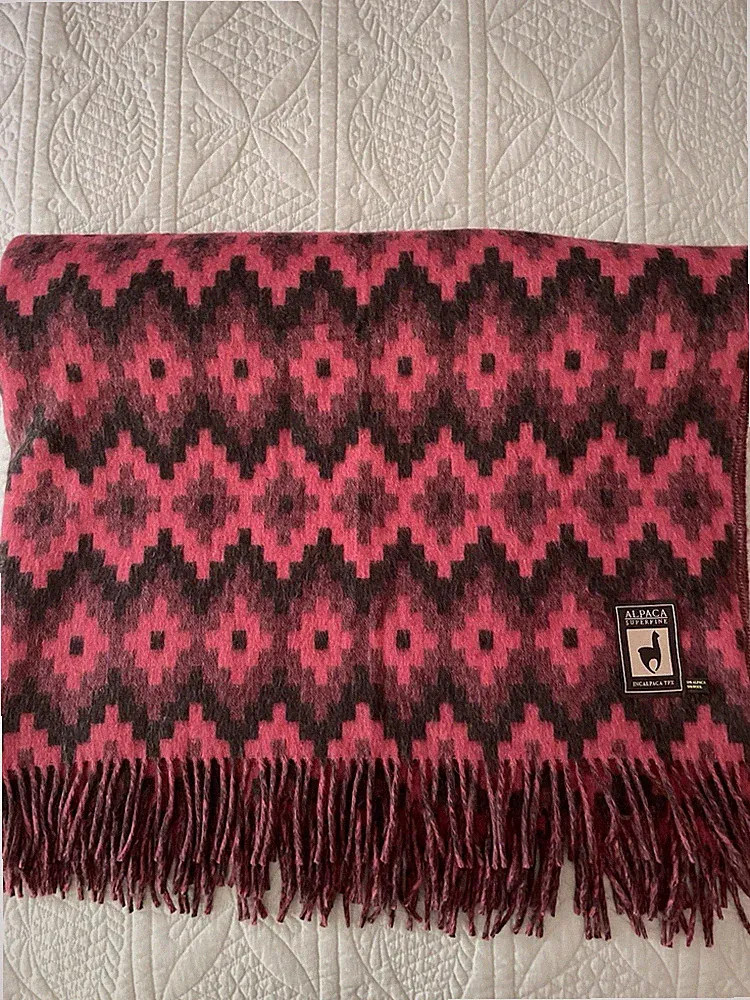 Superfine Alpaca Wool Pink and Black Geometric Fringed Sofa Bed Throw Blanket