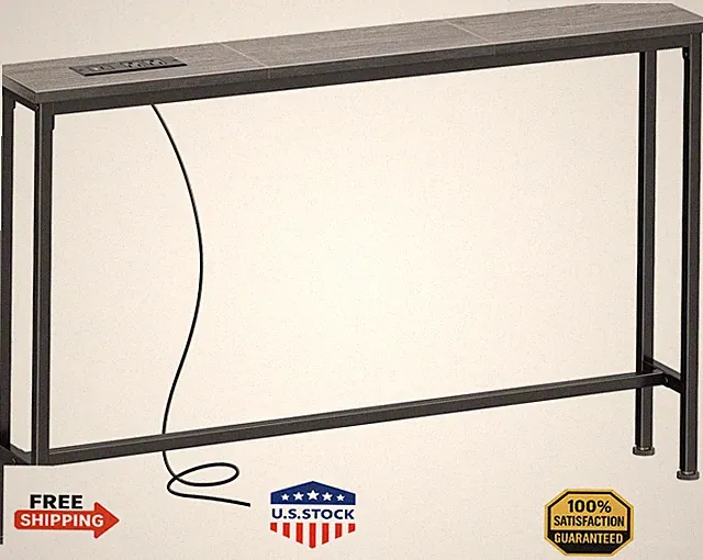 SUPERJARE 5.7" Console Sofa Table w/ Outlet, USB, Charging Station, Charcoal Gre