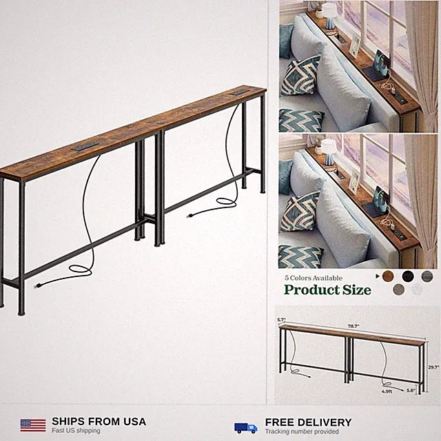 SUPERJARE 78.8 inch Narrow Behind Couch Table with 2 Charging Stations | 2 AC...