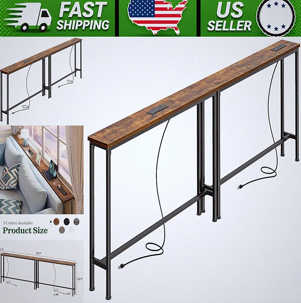 SUPERJARE 78.8in Narrow Console Table with Outlet, Rustic Brown