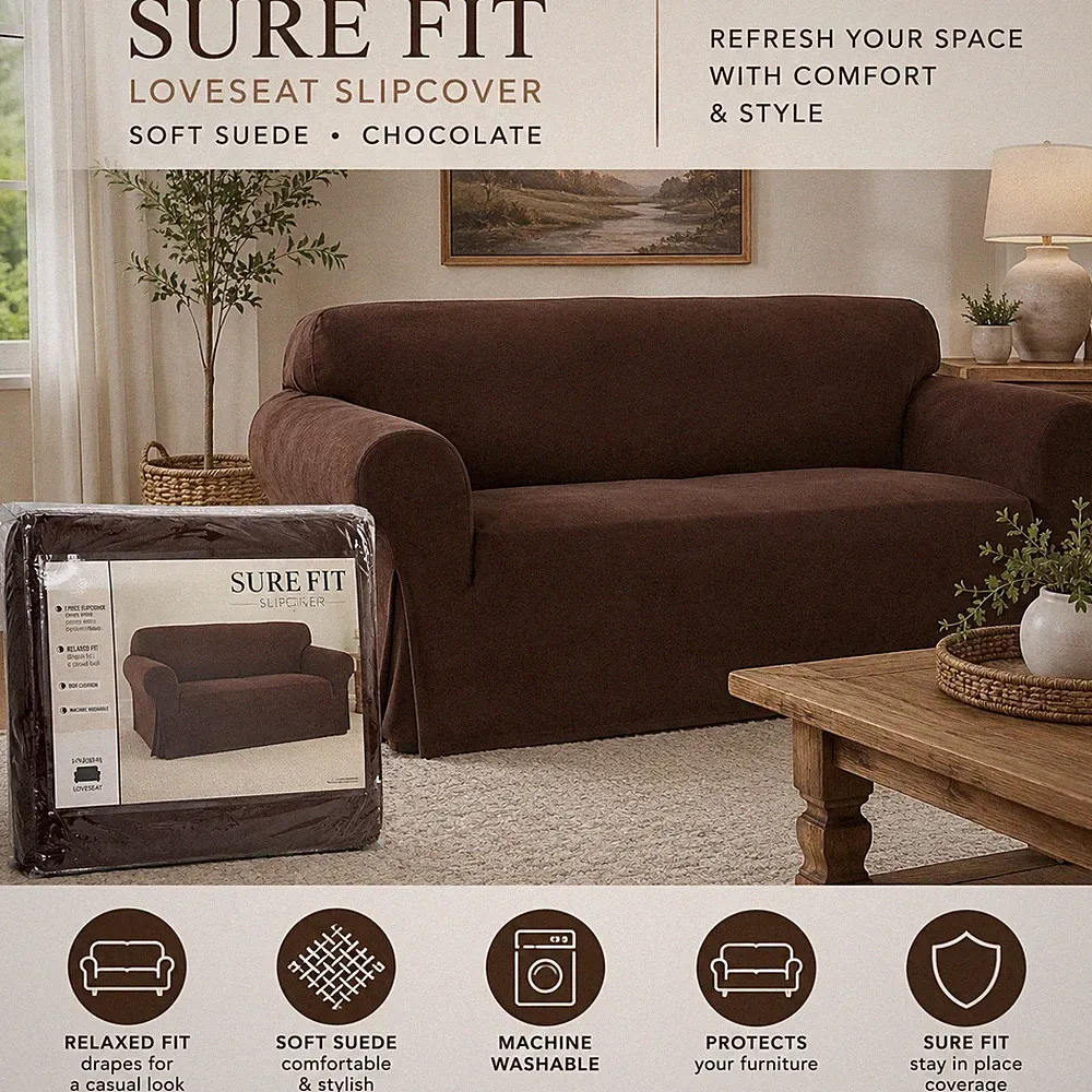 Sure Fit Chocolate Brown Suede Loveseat Slipcover Stretch Furniture Cover NWT