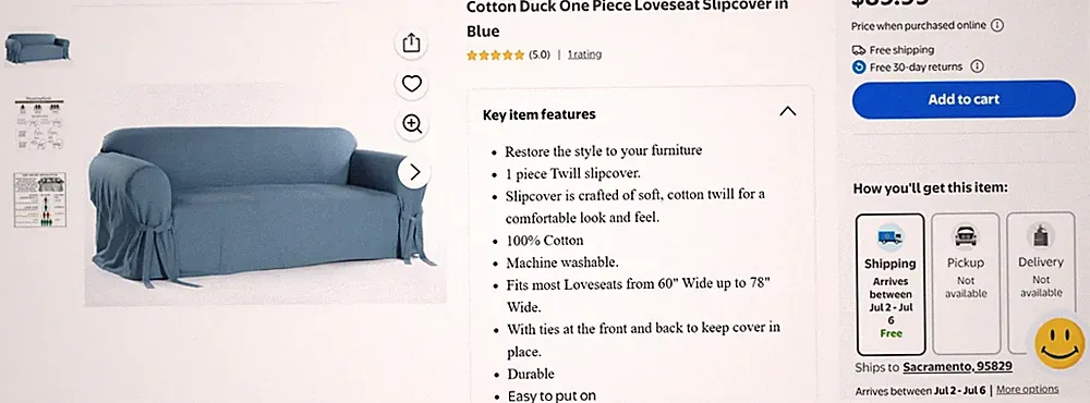Sure Fit Sofa Slipcover Blue Duck Fabric One Piece Solid, One Or Two Available