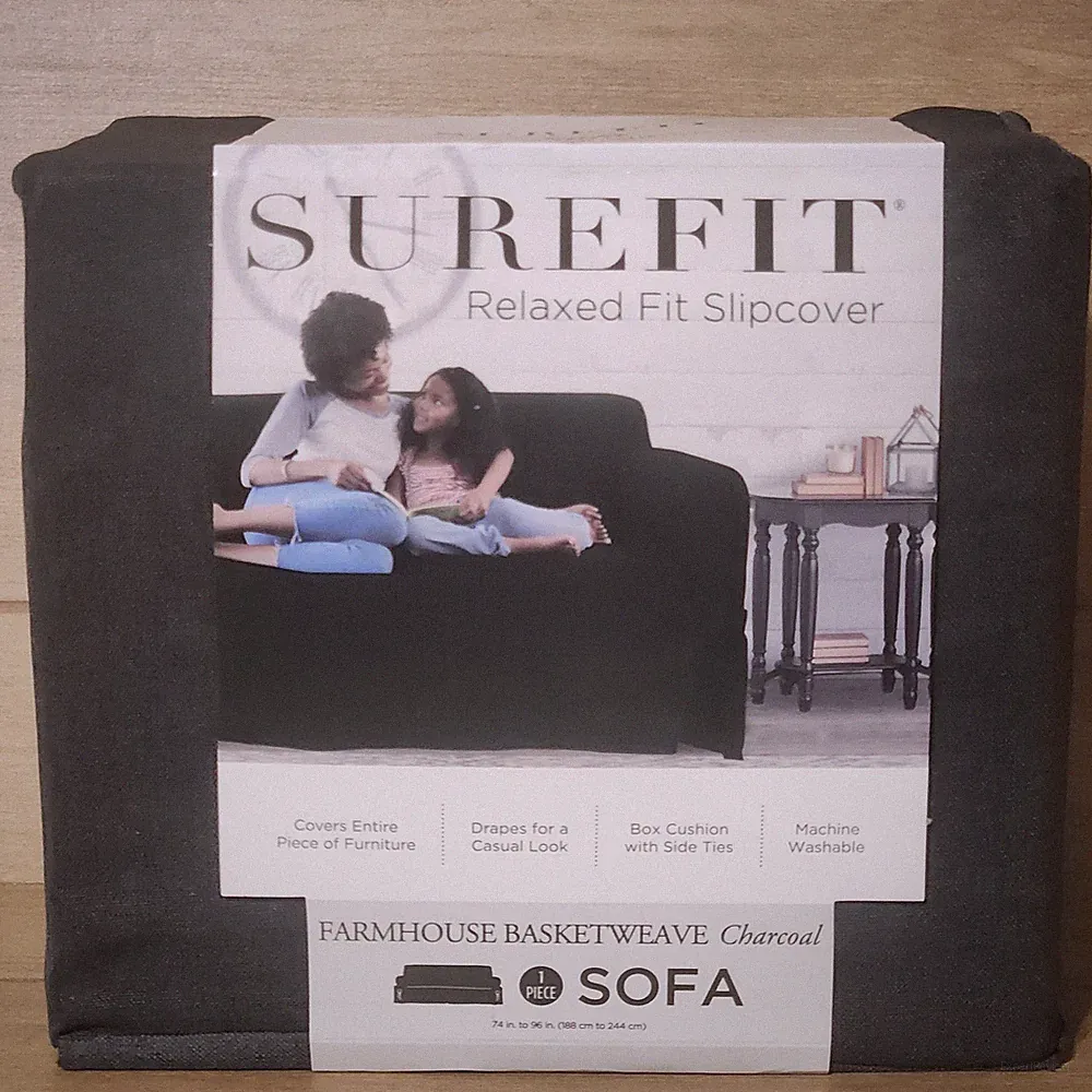 SureFit Sofa Slipcover Relaxed Fit Farmhouse Basketweave Charcoal Cover