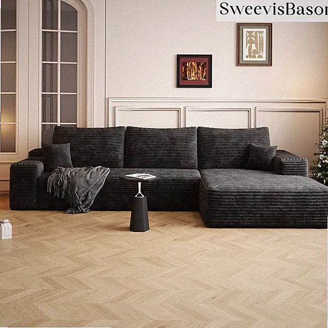 SweevisBasor 107" Cloud Sofa, Corduroy L-Shaped Sectional with Chaise, Black