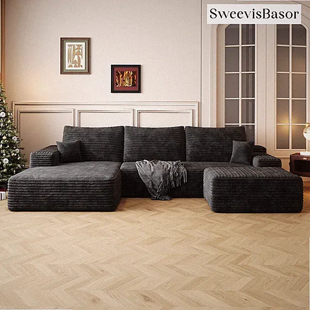SweevisBasor 107" U Shaped Cloud Corduroy Couch with Ottoman No Assembly, Black