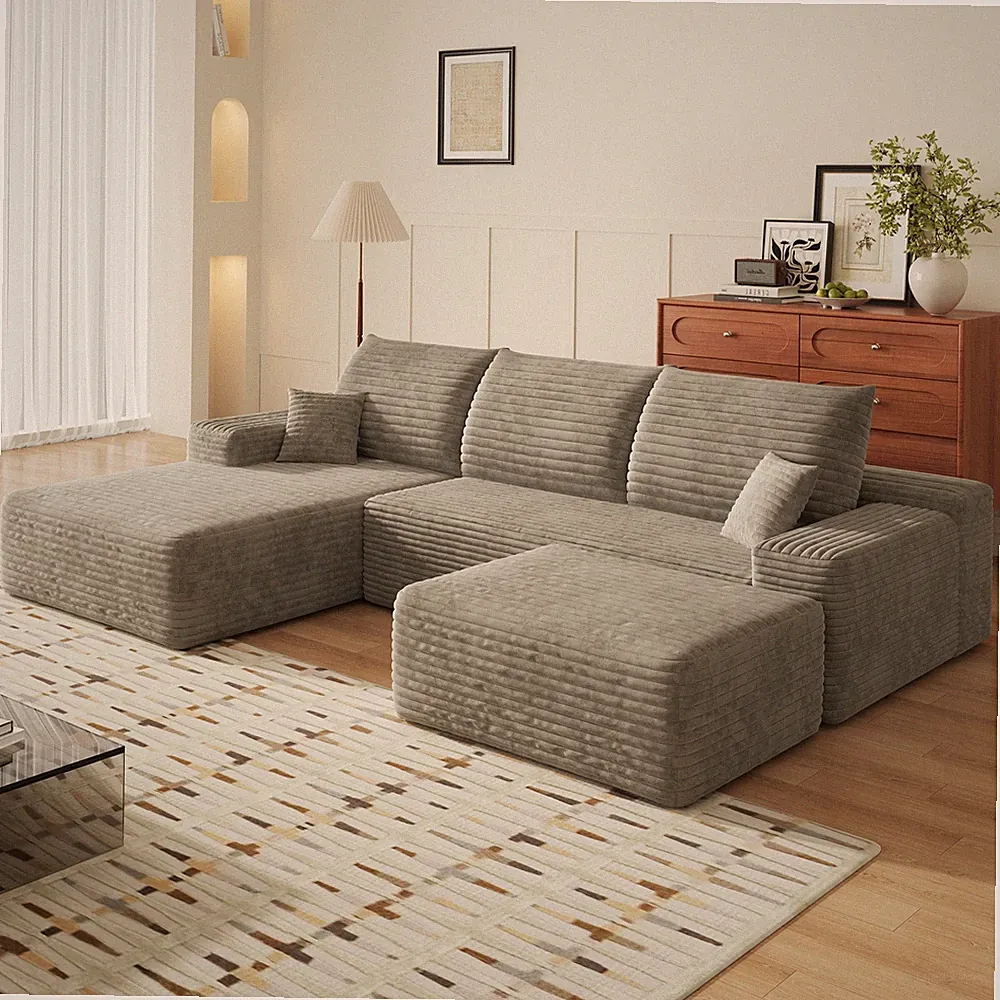 SweevisBasor Cloud Sofa U-Shape Modular Couch Plush Corduroy No Assembly, Camel