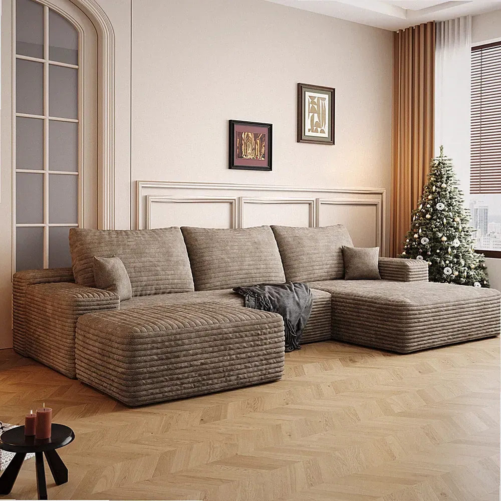 SweevisBasor Cloud Sofa U-Shape Modular Couch Plush Corduroy No Assembly, Camel