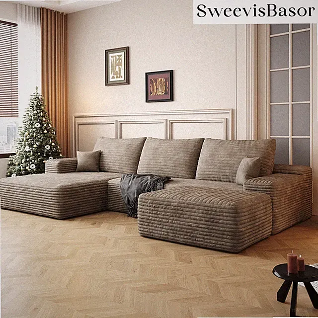SweevisBasor Cloud Sofa U-Shape Modular Couch Plush Corduroy No Assembly, Camel