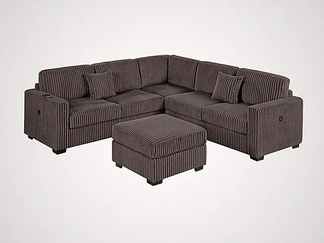 Swindon Chocolate 4-Piece Corduroy Sectional Sofa Set with USB and Ottoman