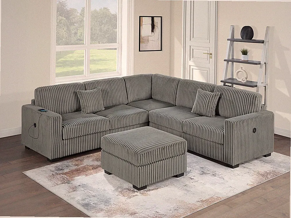 Swindon Smoke 4-Piece Corduroy Sectional Sofa Set with USB and Ottoman