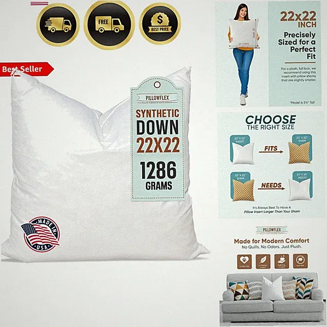 Synthetic Down Pillow Insert - 22x22 Down Alternative, Ultra Soft Large Squar...